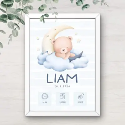 Personaliziran print s podatki otroka - modri medo