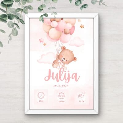 Personaliziran print s podatki otroka - roza medo
