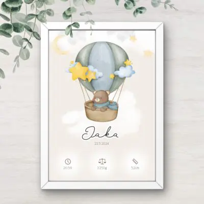 Personaliziran print s podatki otroka - Medo z balonom