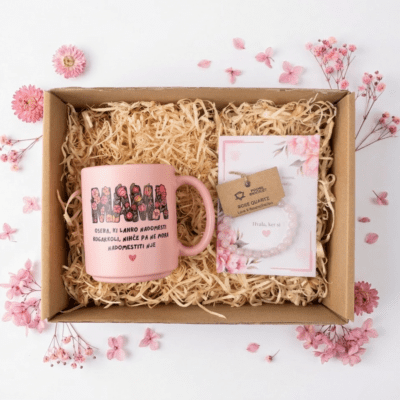 Darilni paket - skodelica + zapestnica rose quartz