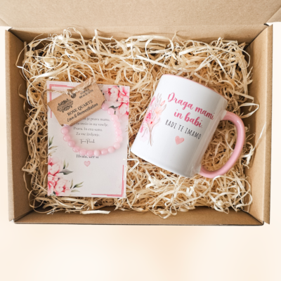 Darilni paket - skodelica + zapestnica rose quartz